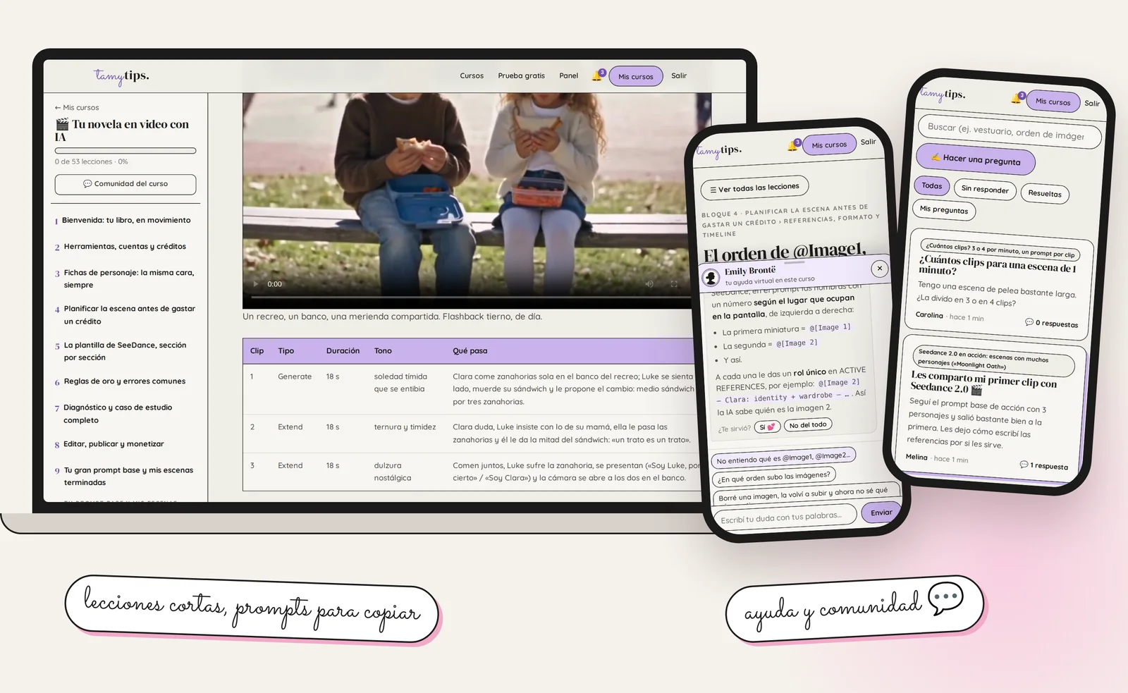 El aula real de un curso en la compu, con una lección, su video y el plan de clips; y en el celular el chat de ayuda y la comunidad de preguntas y respuestas