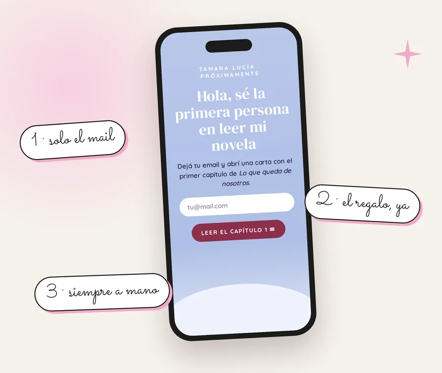 Mi página de lanzamiento en el celular: solo pide el mail y regala el capítulo 1 en el momento