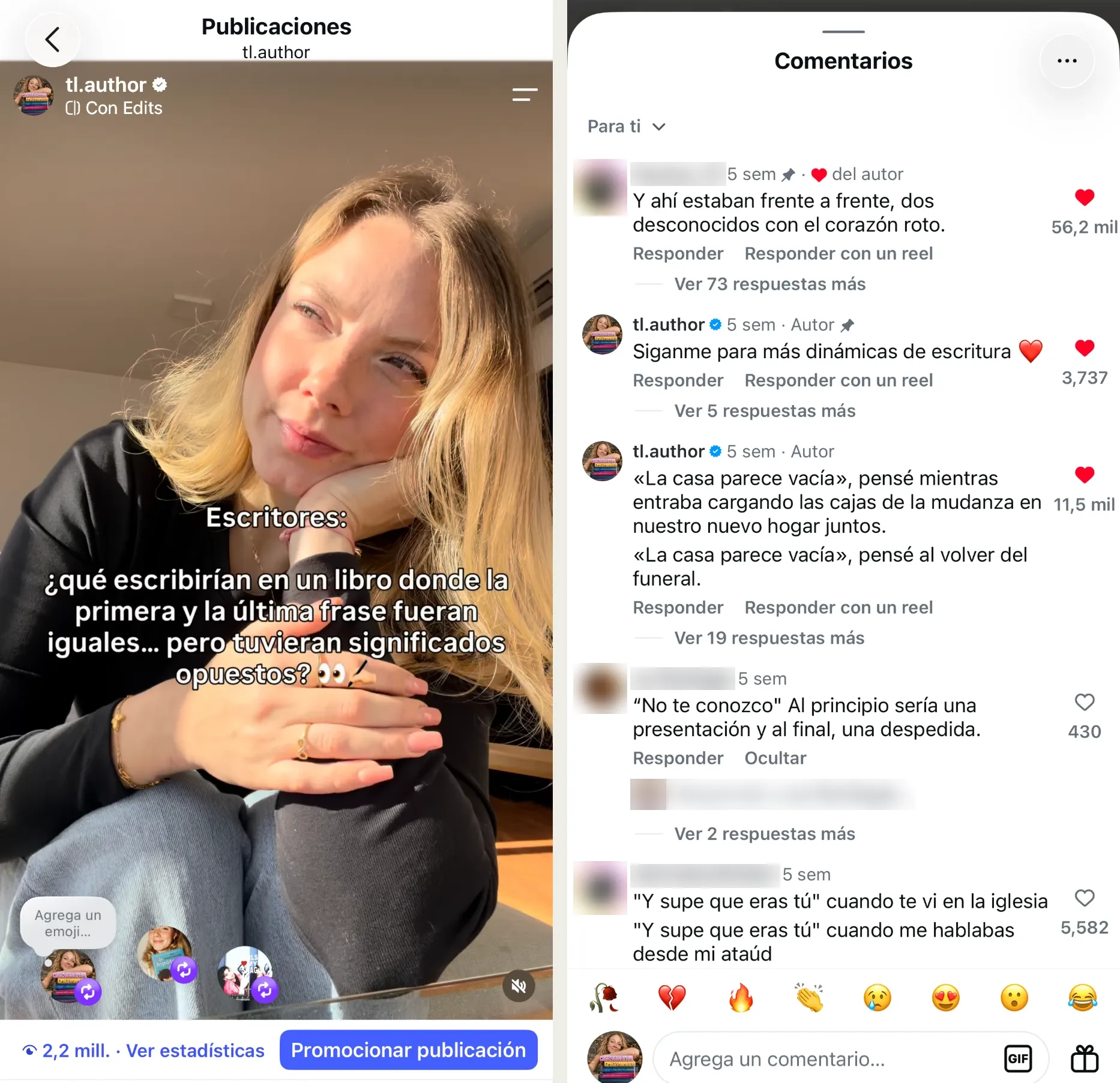 Mi reto más visto en Instagram, con 2,2 millones de vistas, y al lado sus comentarios llenos de microrrelatos de seguidoras (nombres tapados)